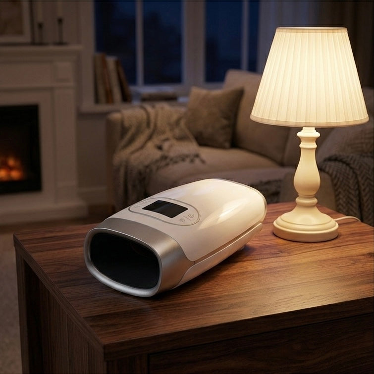 Cordless hand massager with air compression and heat for palms, fingers, and wrists