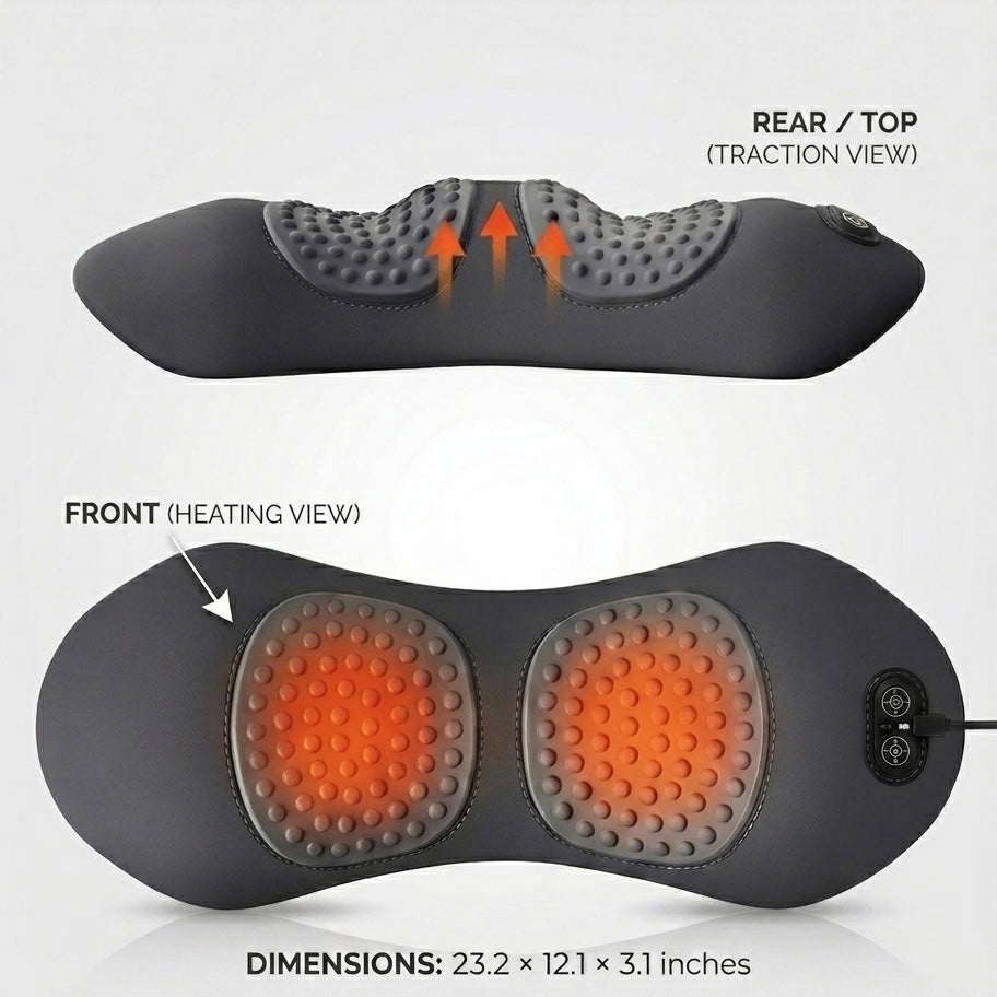 Back massager with heat, vibration massage, and gentle stretching support