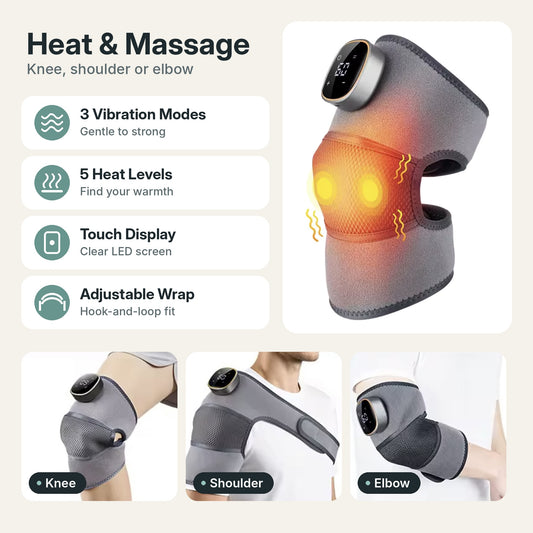 Cordless heated knee massager wrap with 5 heat levels, vibration and magnetic LCD controller
