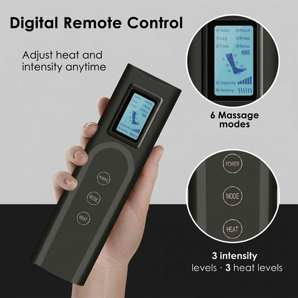 Air compression leg massager with heat and adjustable intensity, knee to ankle coverage