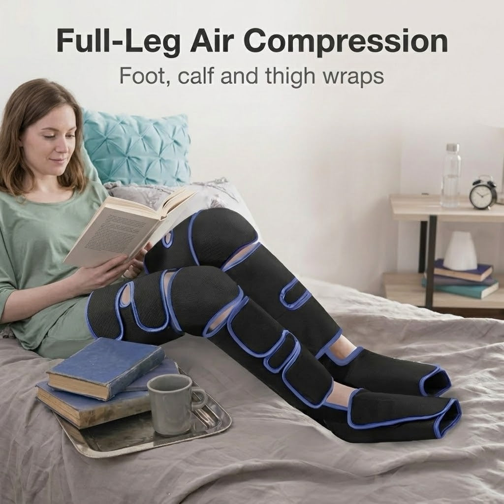Air compression leg massager with heat and adjustable intensity, knee to ankle coverage