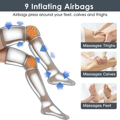 Air compression leg massager with heat and adjustable intensity, knee to ankle coverage