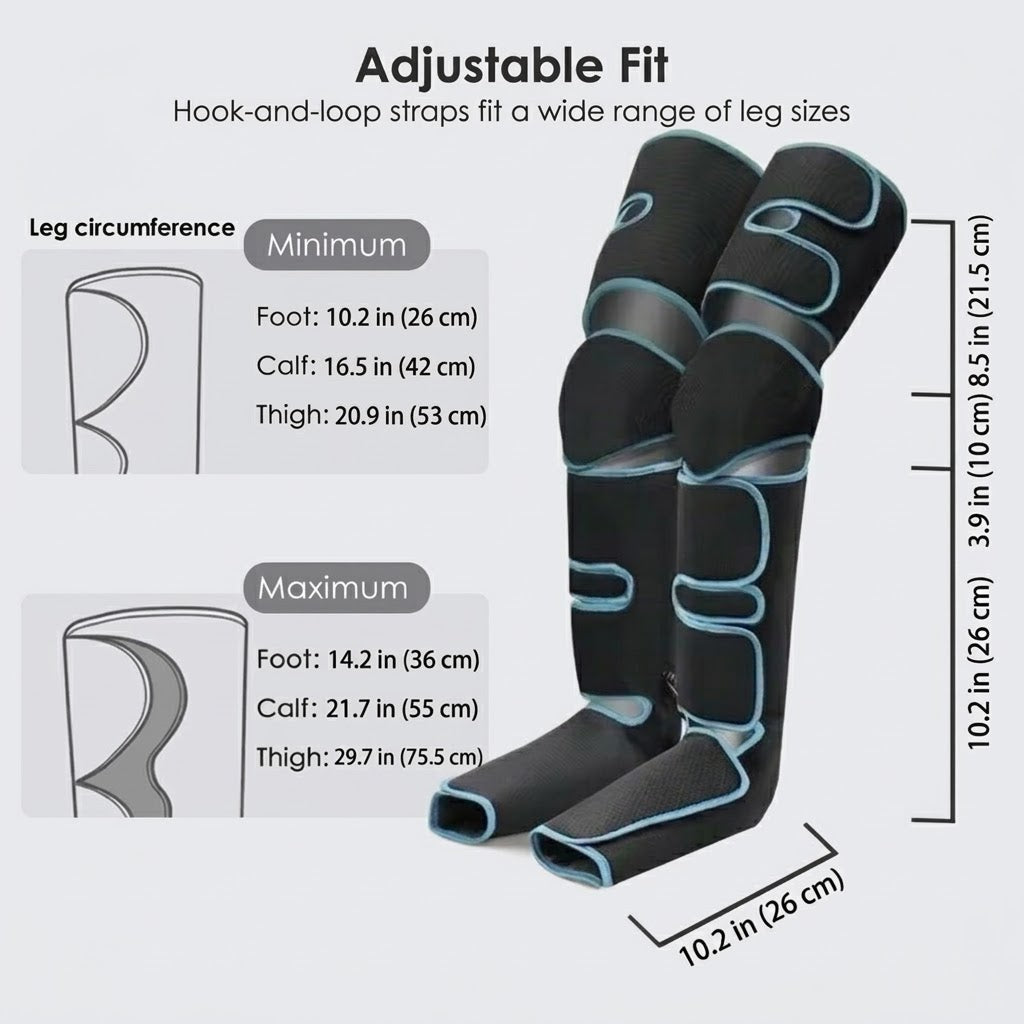 Air compression leg massager with heat and adjustable intensity, knee to ankle coverage