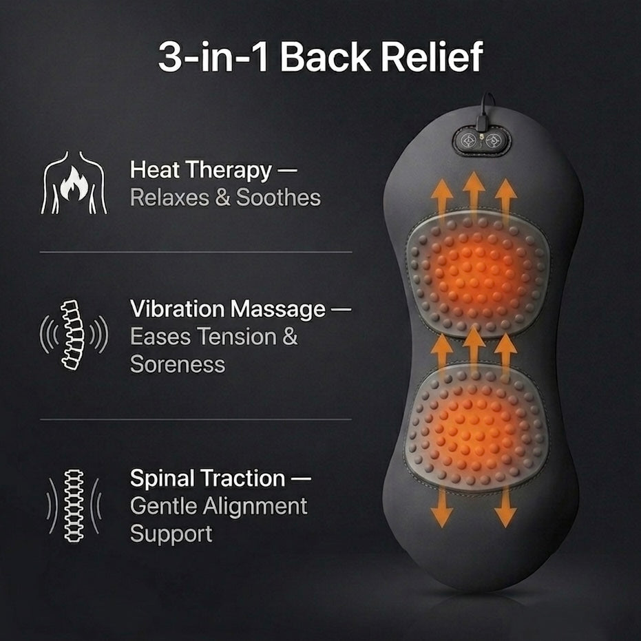 Back massager with heat, vibration massage, and gentle stretching support