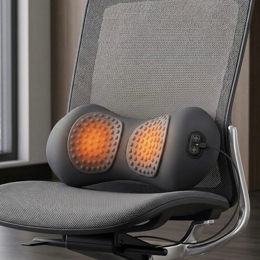 Back massager with heat, vibration massage, and gentle stretching support