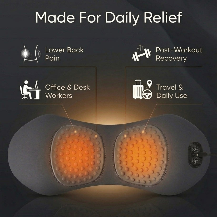 Back massager with heat, vibration massage, and gentle stretching support