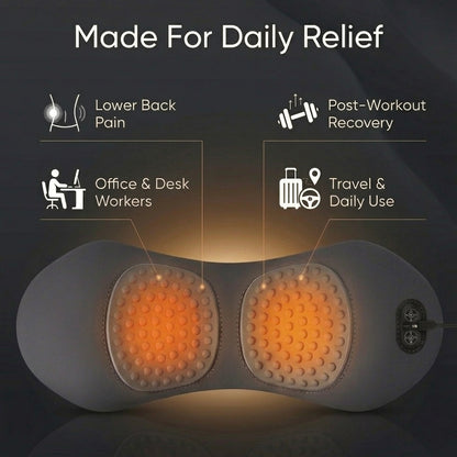 Back massager with heat, vibration massage, and gentle stretching support