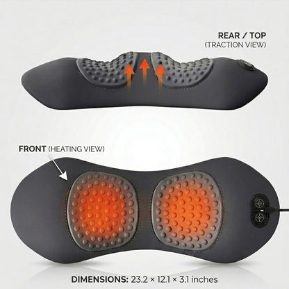 Back massager with heat, vibration massage, and gentle stretching support