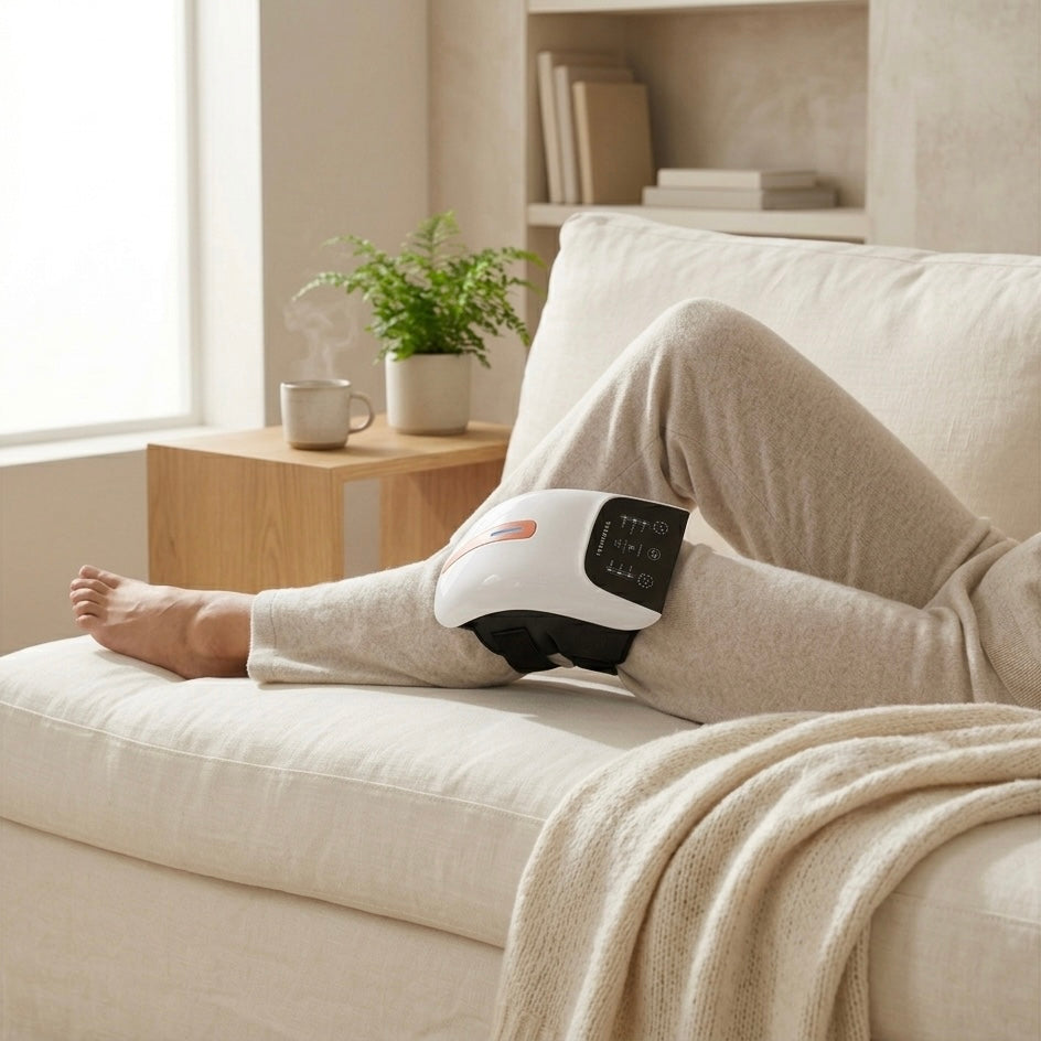 Ergonomic knee massager with heat, vibration, and red light function