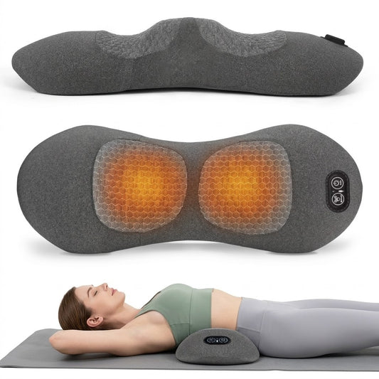 Lower back stretcher and lumbar massage pillow with heat, vibration and inflatable arch
