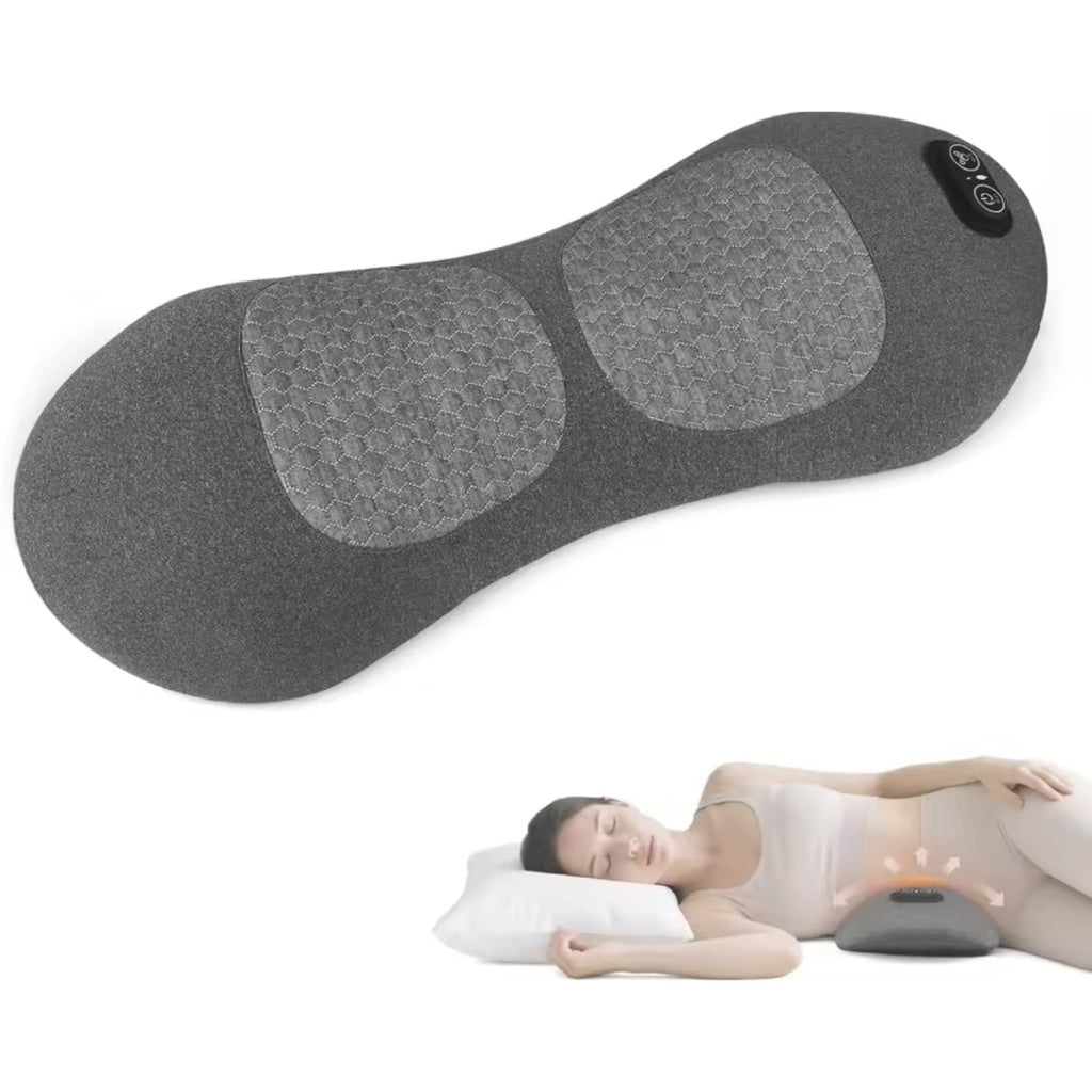 Lower back stretcher and lumbar massage pillow with vibration, inflatable stretch arch, and 3 heat levels, USB-C powered