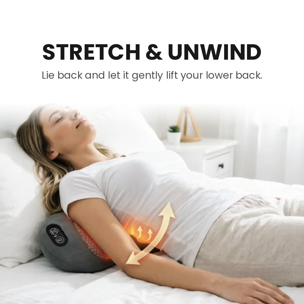Lower back stretcher and lumbar massage pillow with vibration, inflatable stretch arch, and 3 heat levels, USB-C powered