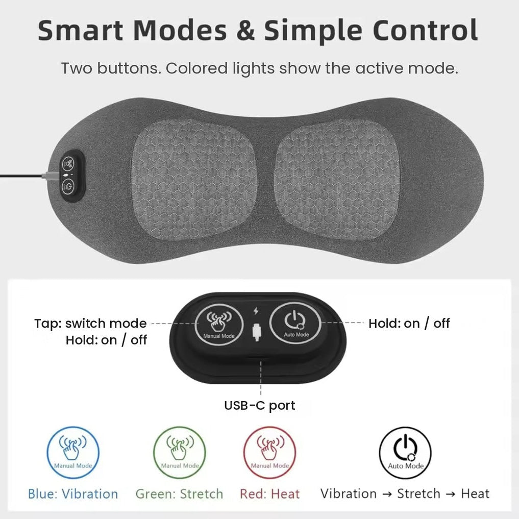 Lower back stretcher and lumbar massage pillow with vibration, inflatable stretch arch, and 3 heat levels, USB-C powered