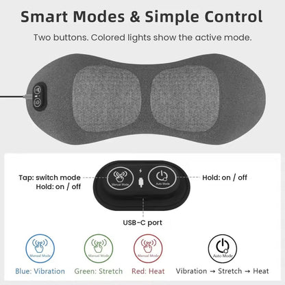 Lower back stretcher and lumbar massage pillow with vibration, inflatable stretch arch, and 3 heat levels, USB-C powered