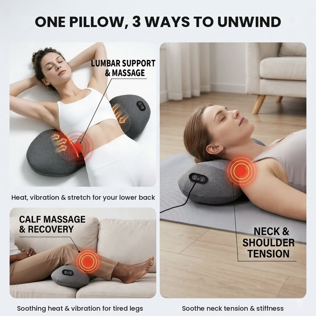 Lower back stretcher and lumbar massage pillow with vibration, inflatable stretch arch, and 3 heat levels, USB-C powered