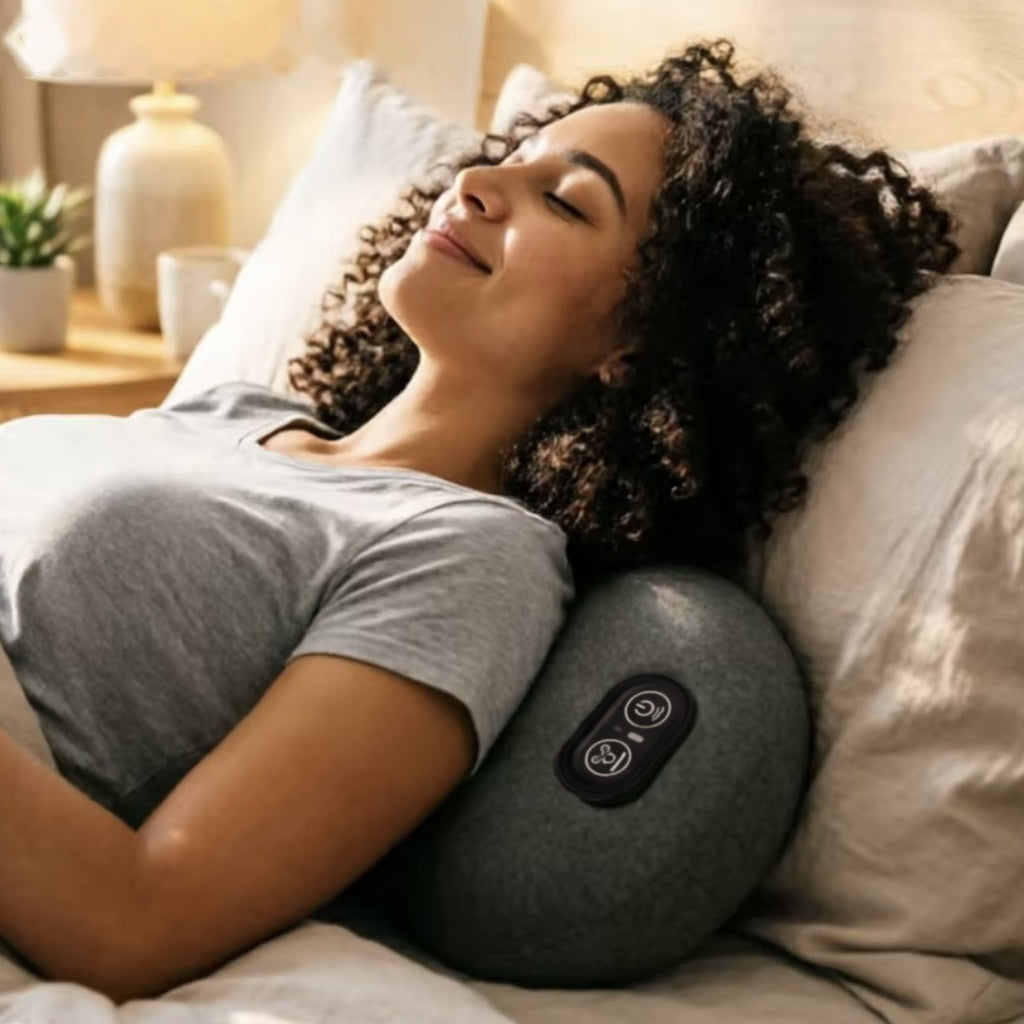 Lower back stretcher and lumbar massage pillow with vibration, inflatable stretch arch, and 3 heat levels, USB-C powered