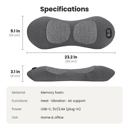 Lower back stretcher and lumbar massage pillow with heat, vibration and inflatable arch