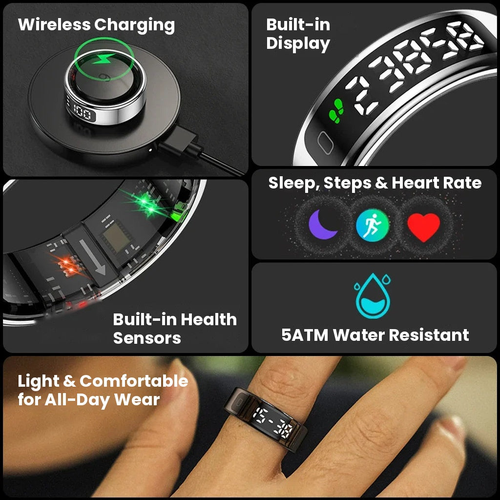 Smart ring with built-in touch display tracking heart rate, blood oxygen, sleep and steps