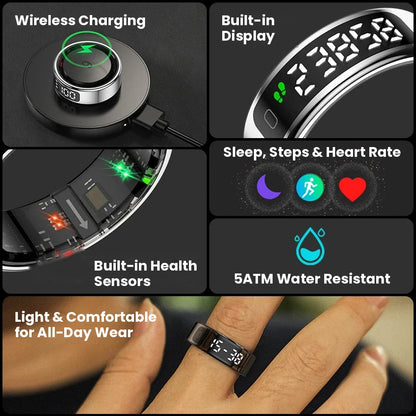 Smart ring with built-in touch display tracking heart rate, blood oxygen, sleep and steps