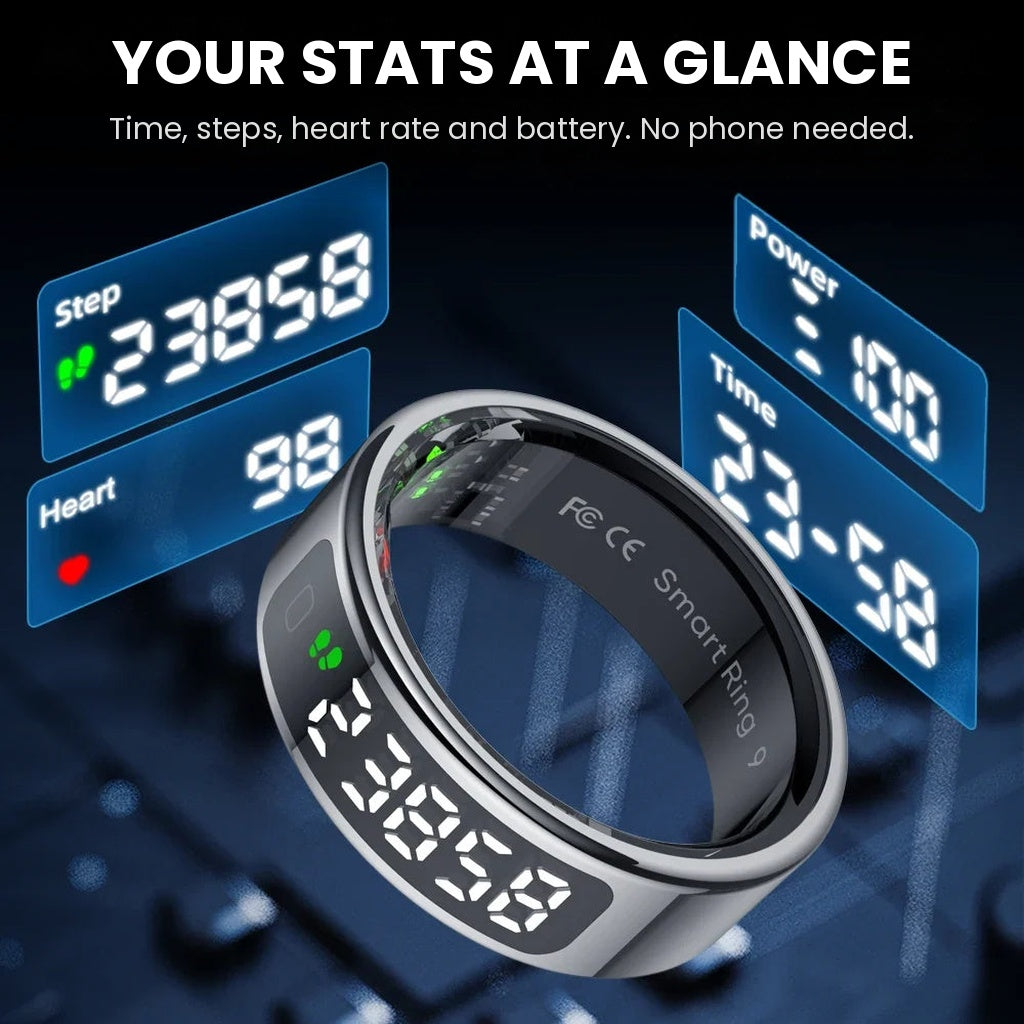 Smart ring with built-in touch display tracking heart rate, blood oxygen, sleep and steps