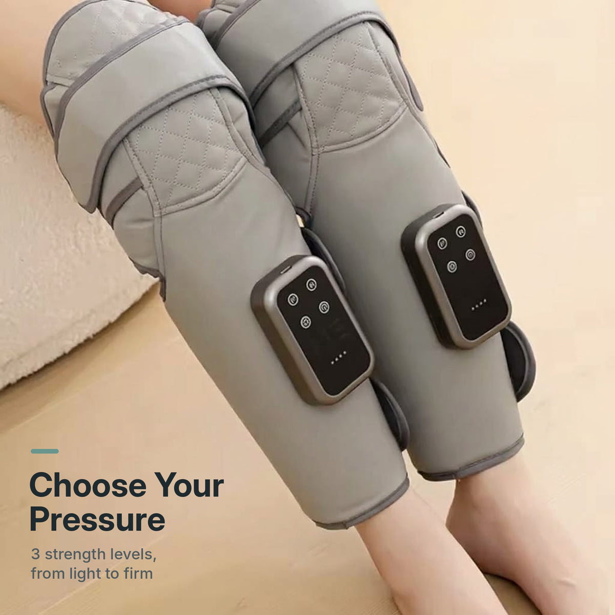 Cordless calf and knee air compression massager wrap with 3 heat levels