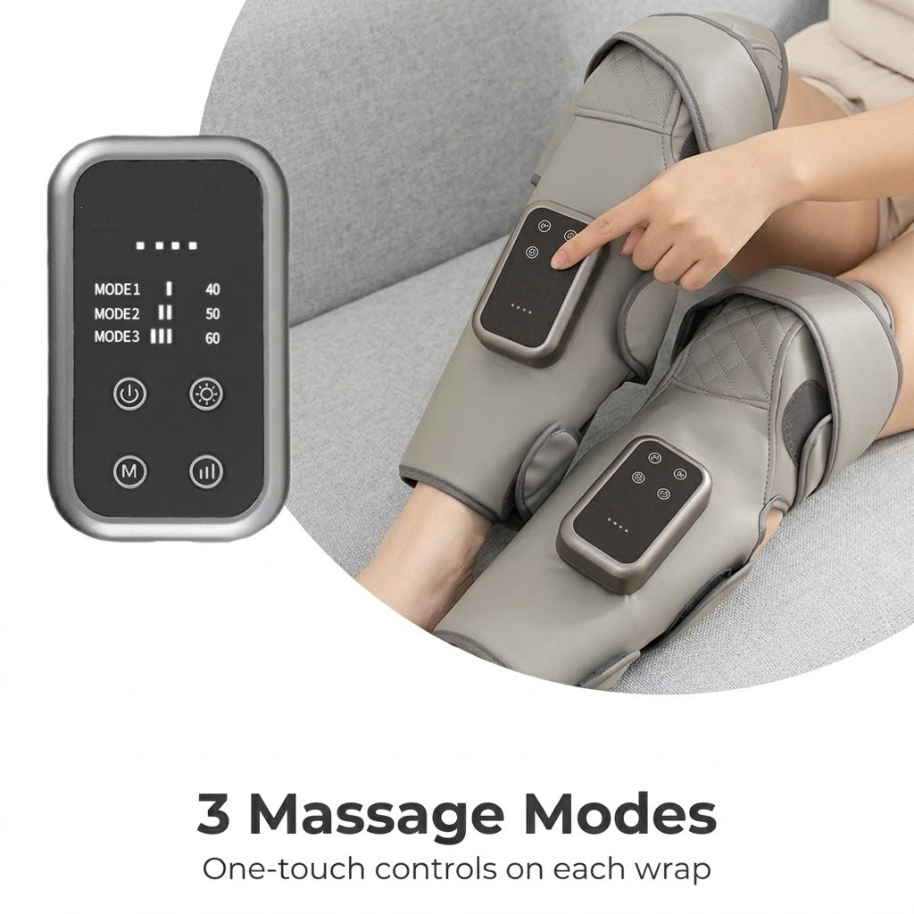 Cordless calf and knee air compression massager wrap with 3 heat levels
