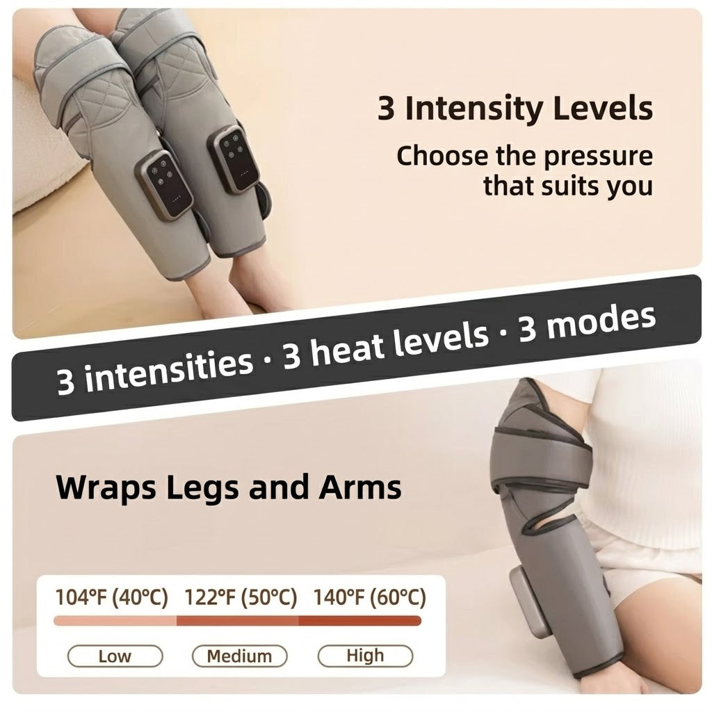 Cordless calf and knee air compression massager wrap with 3 heat levels