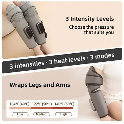 Cordless calf and knee air compression massager wrap with 3 heat levels