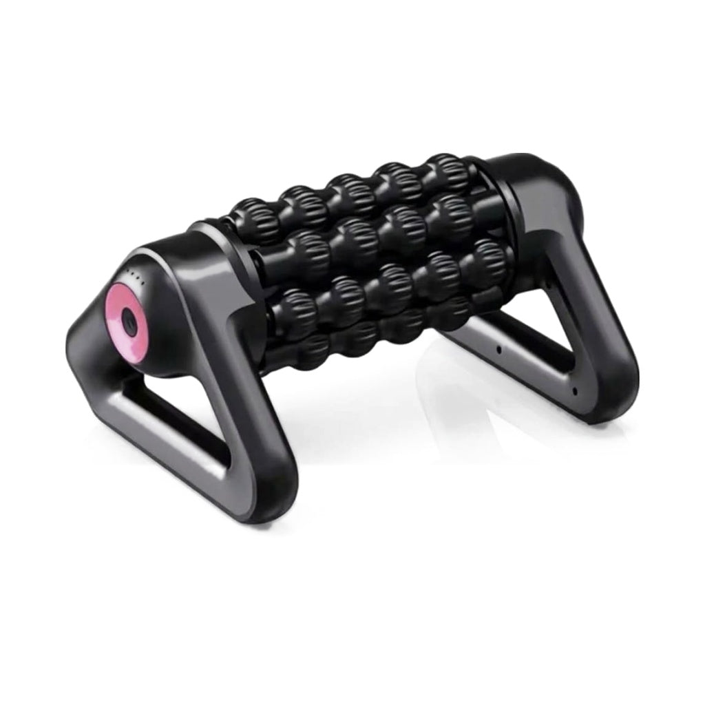 Cordless electric massage roller with 8 rolling sticks and 5 speeds for hands-free or handheld use