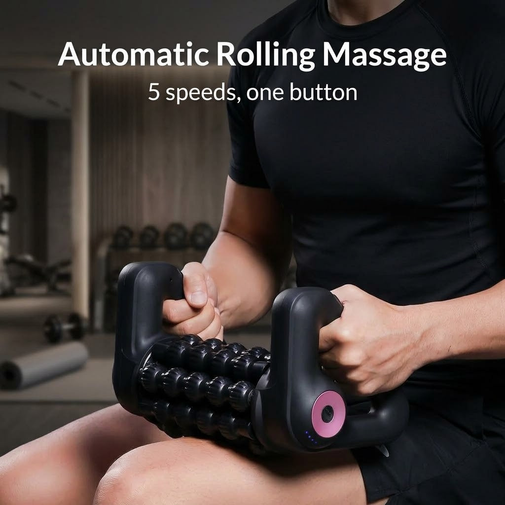 Cordless electric massage roller with 8 rolling sticks and 5 speeds for hands-free or handheld use