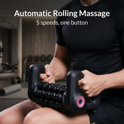 Cordless electric massage roller with 8 rolling sticks and 5 speeds for hands-free or handheld use