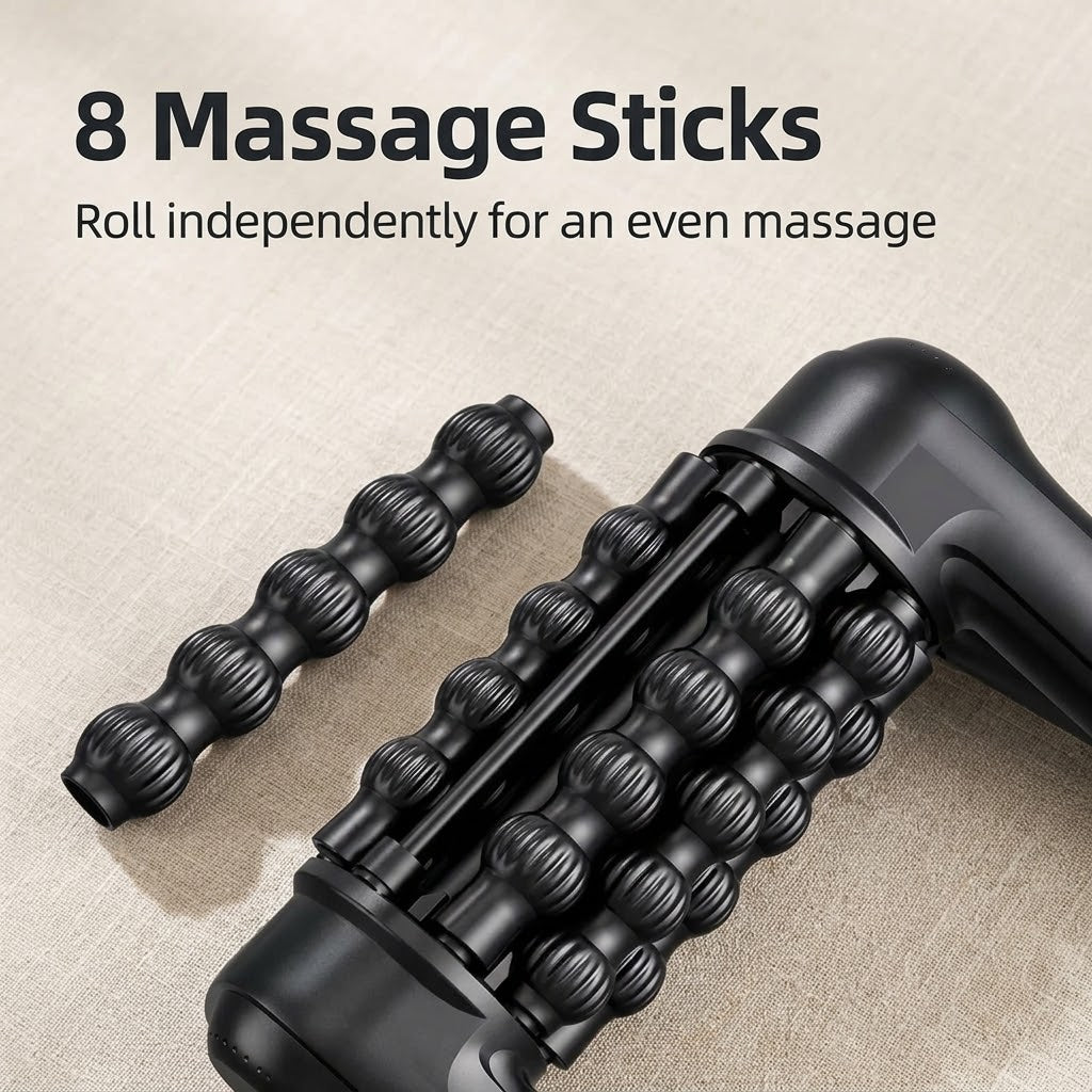 Cordless electric massage roller with 8 rolling sticks and 5 speeds for hands-free or handheld use