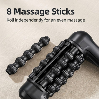 Cordless electric massage roller with 8 rolling sticks and 5 speeds for hands-free or handheld use