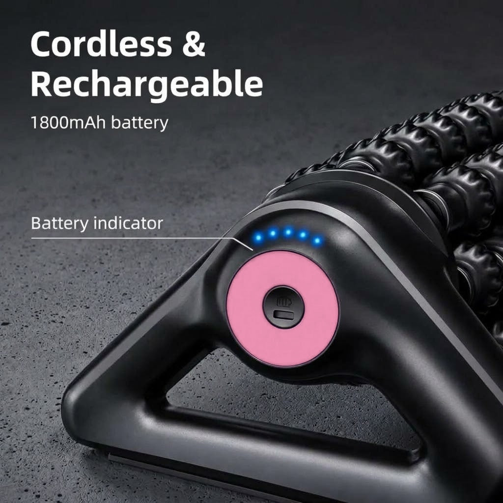 Cordless electric massage roller with 8 rolling sticks and 5 speeds for hands-free or handheld use