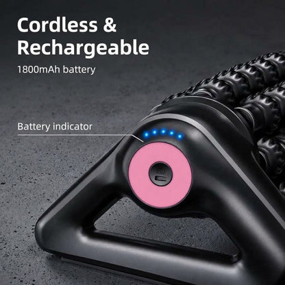 Cordless electric massage roller with 8 rolling sticks and 5 speeds for hands-free or handheld use