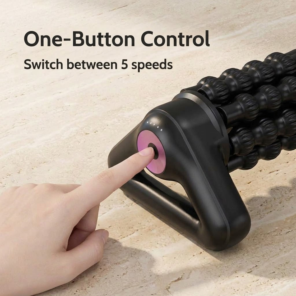 Cordless electric massage roller with 8 rolling sticks and 5 speeds for hands-free or handheld use