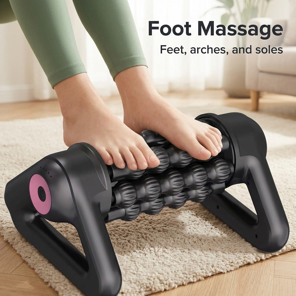 Cordless electric massage roller with 8 rolling sticks and 5 speeds for hands-free or handheld use