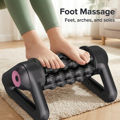 Cordless electric massage roller with 8 rolling sticks and 5 speeds for hands-free or handheld use