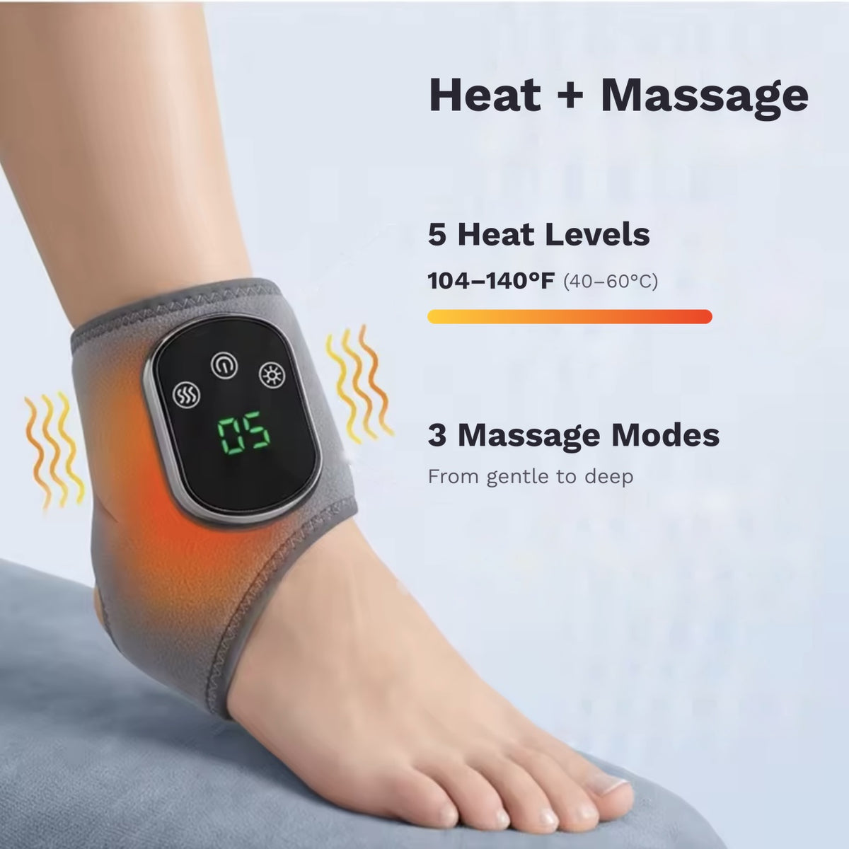 Wearable heated ankle and foot massager wrap with 5 heat levels and vibration