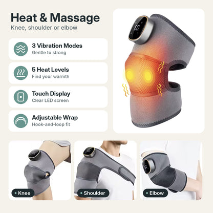 Cordless heated knee massager wrap with 5 heat levels, vibration and magnetic LCD controller