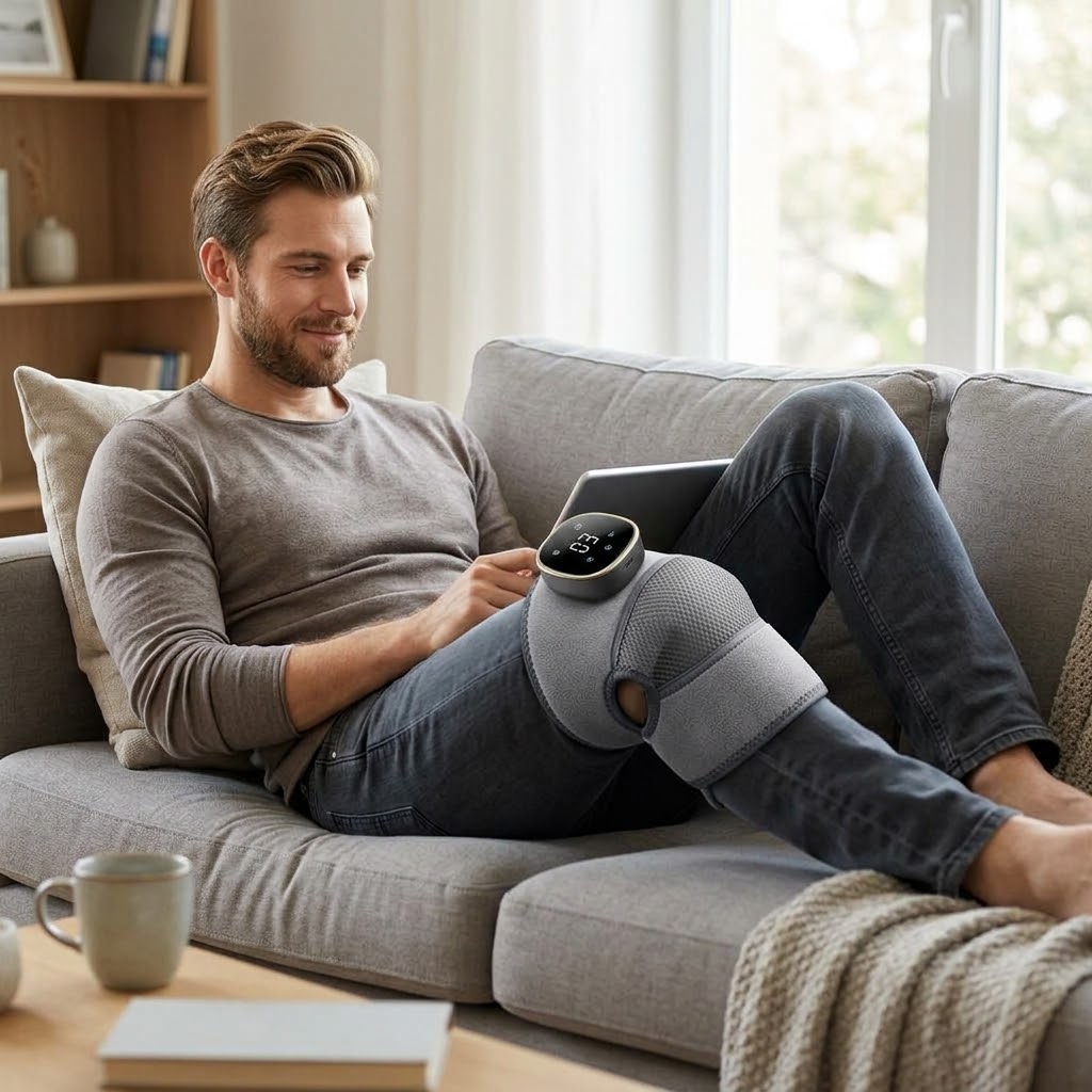Cordless heated knee massager wrap with 5 heat levels, vibration and magnetic LCD controller