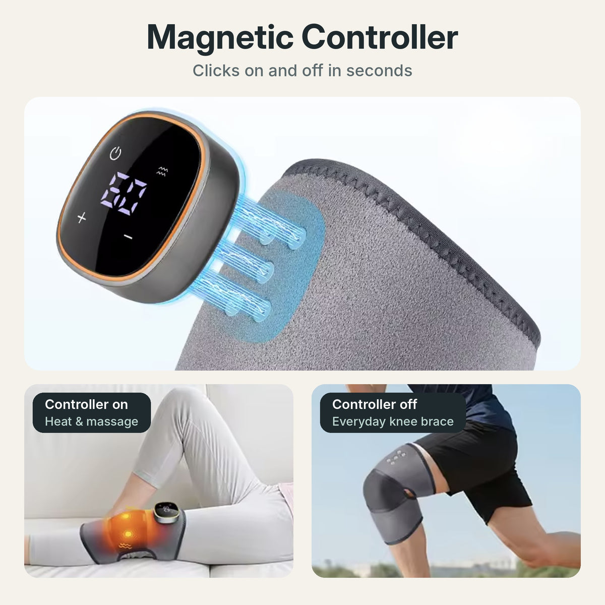 Cordless heated knee massager wrap with 5 heat levels, vibration and magnetic LCD controller