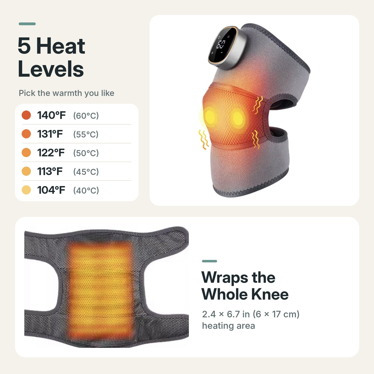 Cordless heated knee massager wrap with 5 heat levels, vibration and magnetic LCD controller