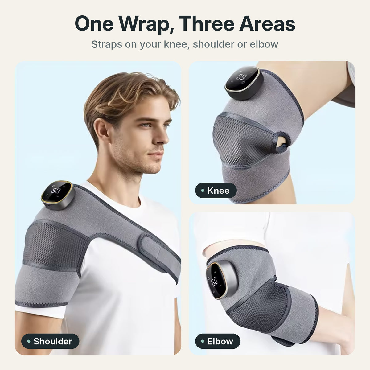 Cordless heated knee massager wrap with 5 heat levels, vibration and magnetic LCD controller