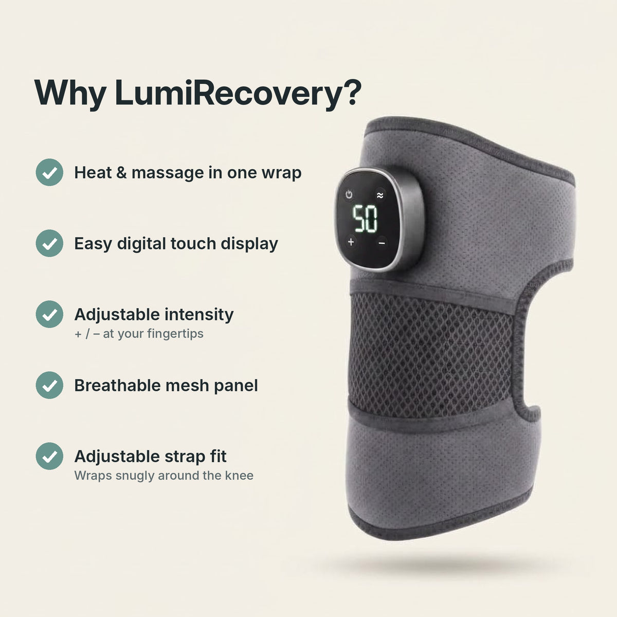 Cordless heated knee massager wrap with 5 heat levels, vibration and magnetic LCD controller