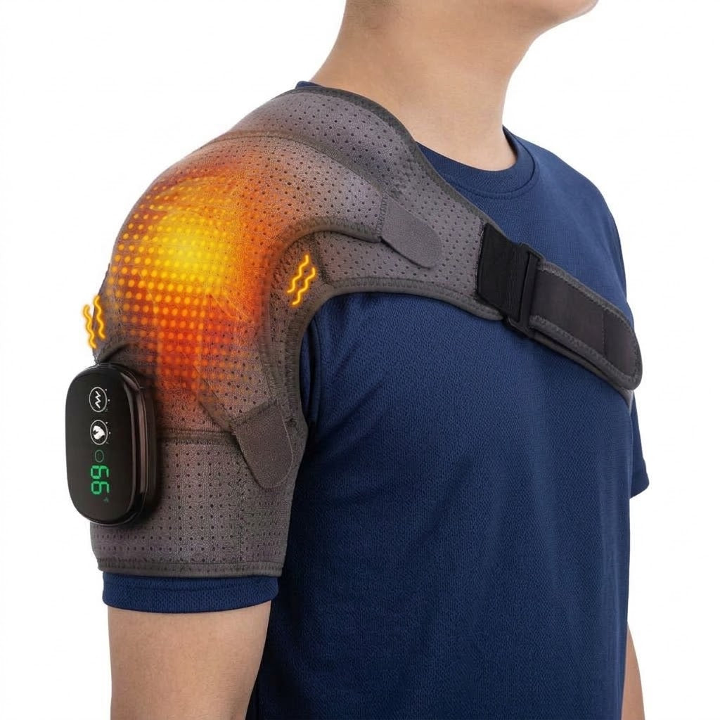 Wearable heated shoulder massager wrap with vibration, LED display and adjustable straps
