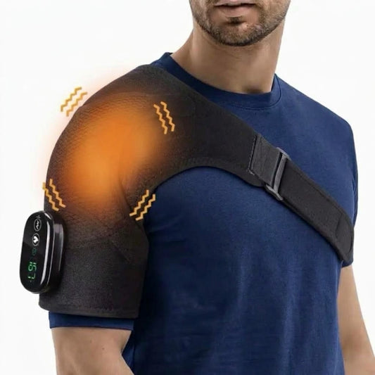 Wearable heated shoulder massager wrap with vibration, LED display and adjustable straps