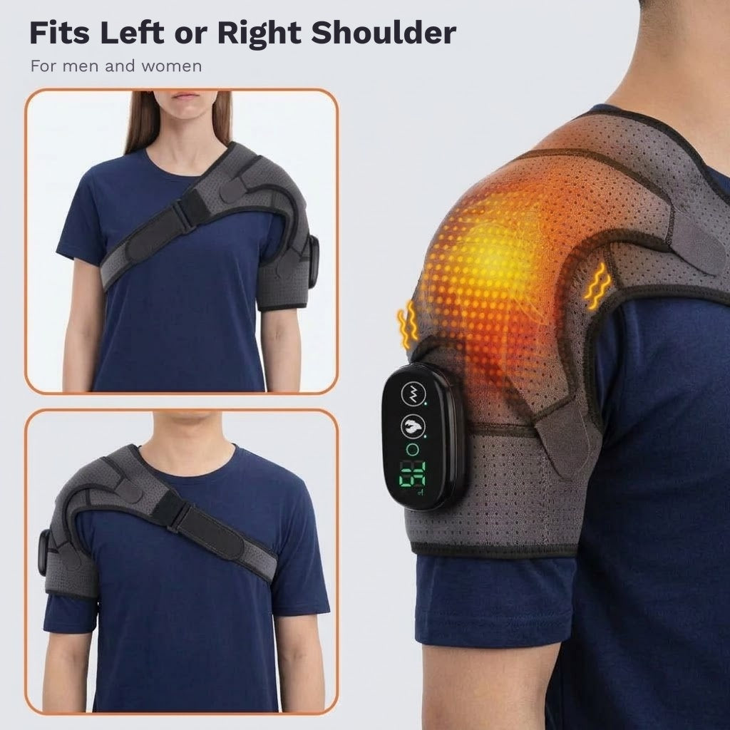Wearable heated shoulder massager wrap with vibration, LED display and adjustable straps