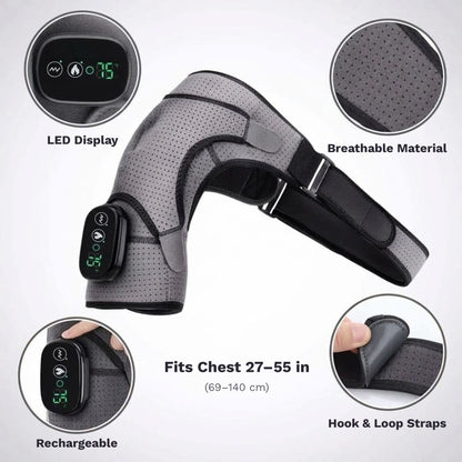 Wearable heated shoulder massager wrap with vibration, LED display and adjustable straps