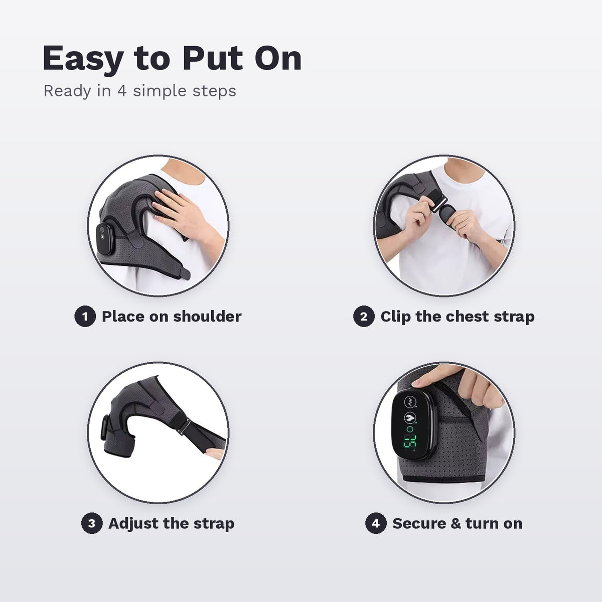 Wearable heated shoulder massager wrap with vibration, LED display and adjustable straps
